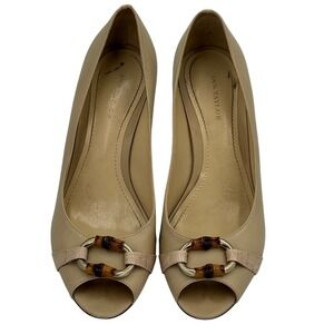 Ann Taylor Nude Leather Peep Toe Heels Pumps Bamboo Ring Sz 7.5M Made in Brazil